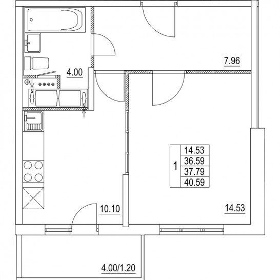 Однокомнатная квартира 37.79 м²
