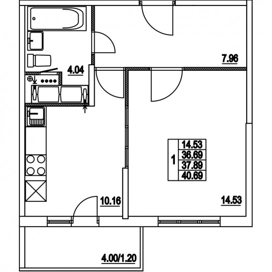 Однокомнатная квартира 37.89 м²