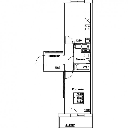 Однокомнатная квартира 37.79 м²