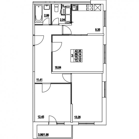 Трёхкомнатная квартира 70.12 м²