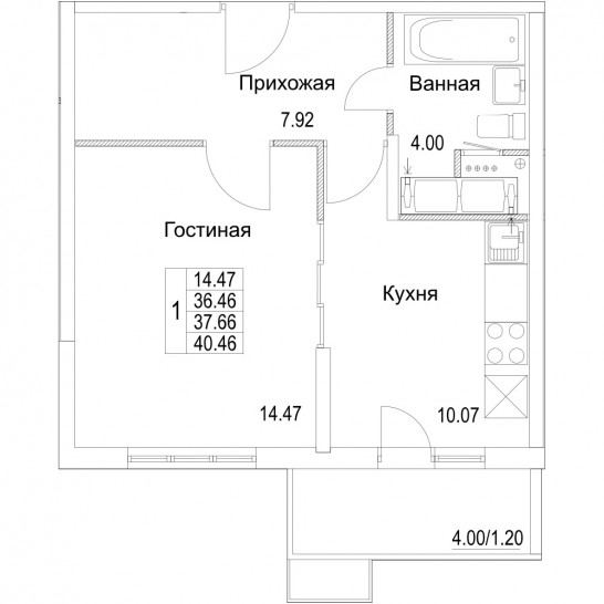 Однокомнатная квартира 37.66 м²