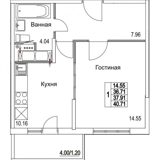 Однокомнатная квартира 37.91 м²
