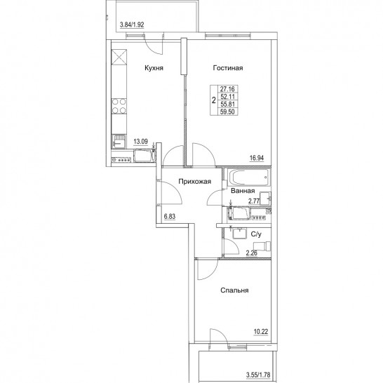 Двухкомнатная квартира 55.81 м²