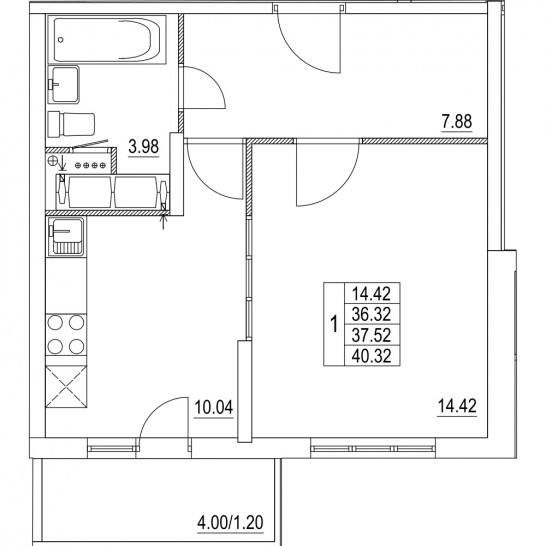 Однокомнатная квартира 37.52 м²