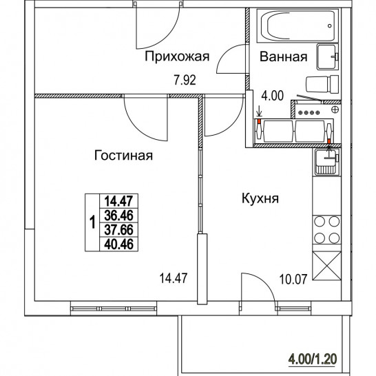 Однокомнатная квартира 37.66 м²