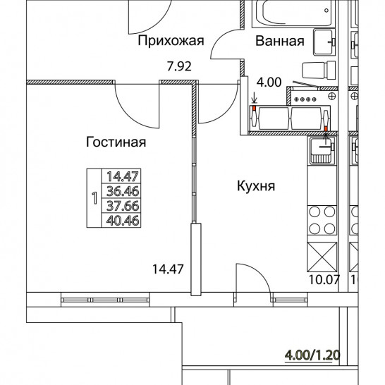 Однокомнатная квартира 37.66 м²