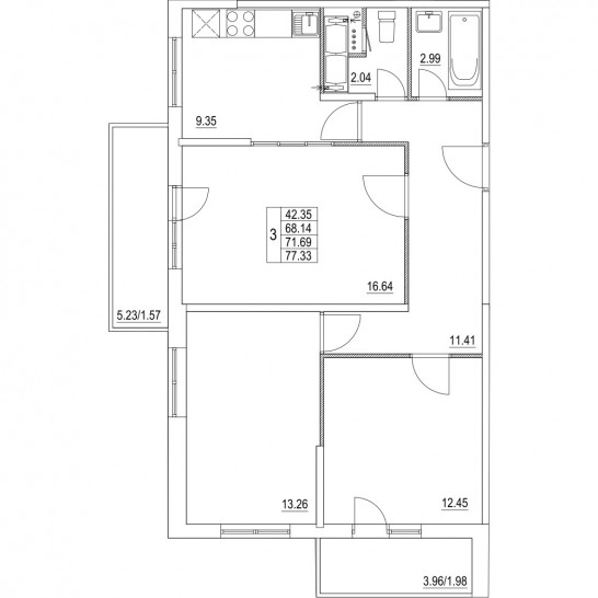 Трёхкомнатная квартира 71.69 м²