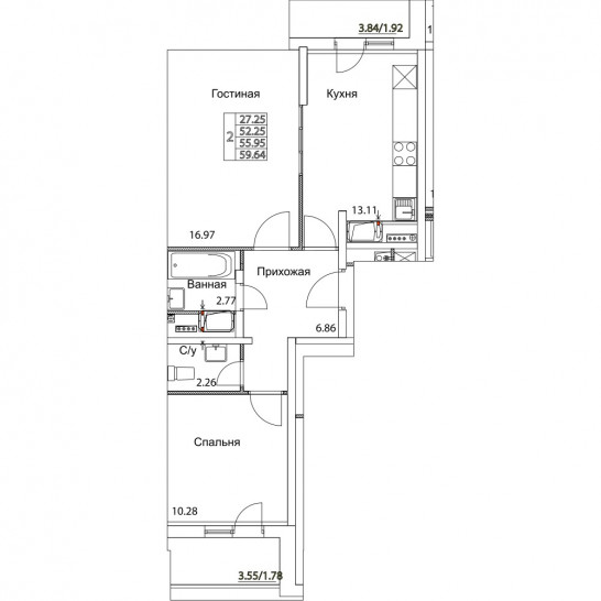 Двухкомнатная квартира 55.95 м²