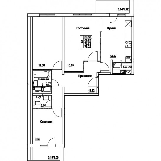 Трёхкомнатная квартира 72.73 м²