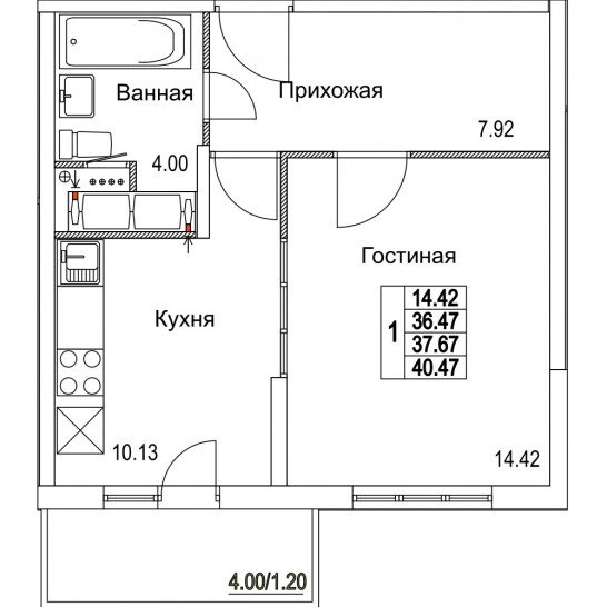 Однокомнатная квартира 37.67 м²