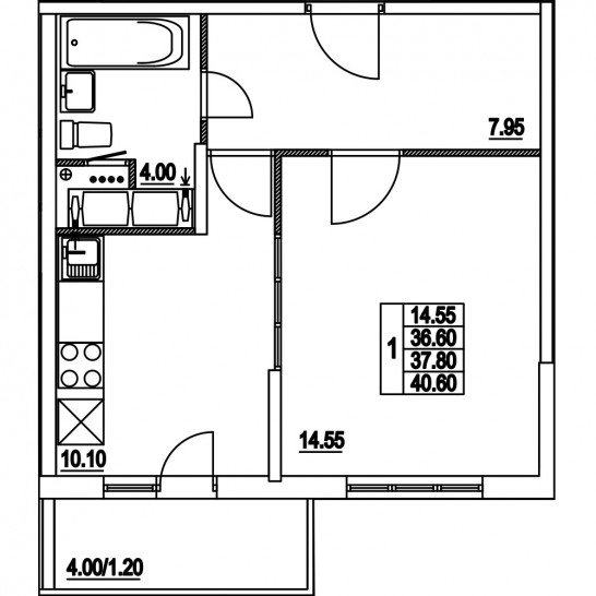 Однокомнатная квартира 37.8 м²