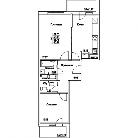 Двухкомнатная квартира 56.75 м²