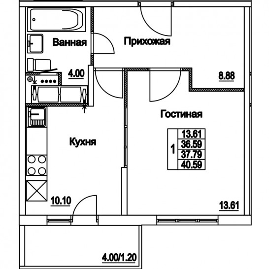 Однокомнатная квартира 37.79 м²