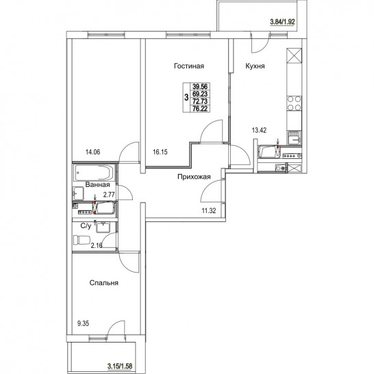 Трёхкомнатная квартира 72.73 м²