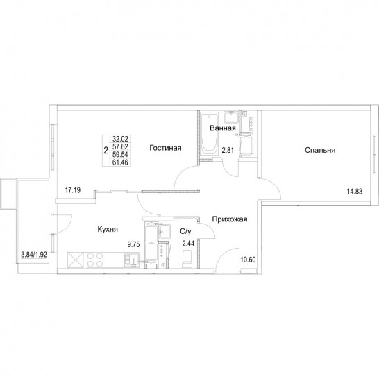 Двухкомнатная квартира 59.54 м²