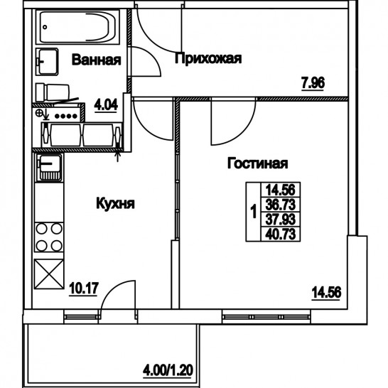 Однокомнатная квартира 37.93 м²
