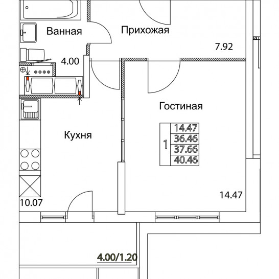 Однокомнатная квартира 37.66 м²